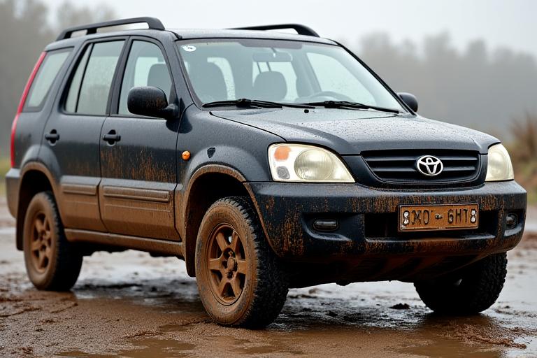 A muddy black SUV before being washed.