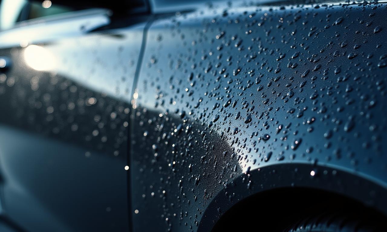 A luxury dark grey car with water beading off its perfectly waxed surface.