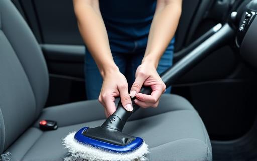 Technician carefully vacuuming a car's interior.